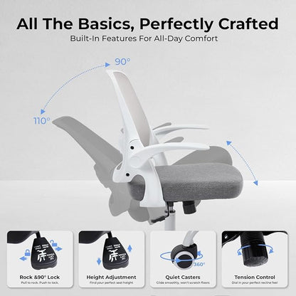 Ergonomic Mesh Office Chair for Home Office, Flip-Up Arms, Breathable Mesh Back & Thick Seat Cushion, Swivel Rolling Computer Desk Chair – BIFMA Certified, Supports 300 lbs (White Frame/Gray Seat)