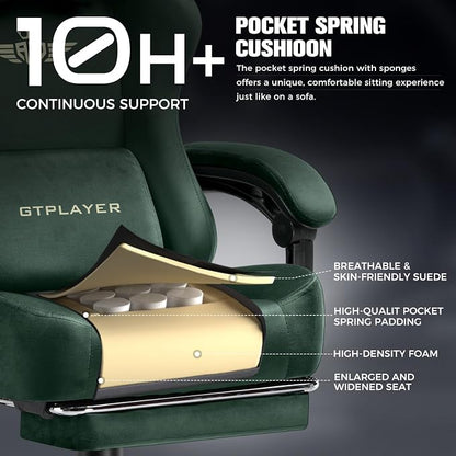 GTPLAYER Big and Tall Gaming Chair 400lbs Heavy Duty Office Chair with Foot Rest, High Back Pocket Spring Ergonomic Computer Chair for Adults, Wide Comfy Seated Cushion with Linkage Armrests, Green
