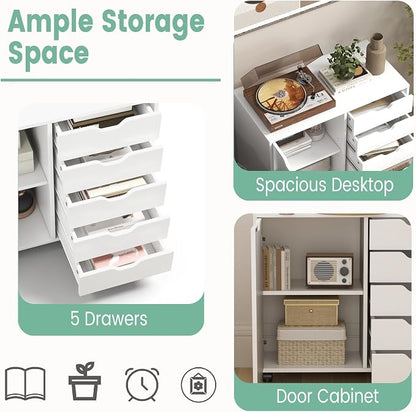 Lateral File Cabinet, 5 Drawers Chest & 1 Side Cabinet, Rolling Storage Cabinet for Home Office, Versatile Filing Cabinet with Wheels, Mobile Printer Stand, Dresser for Bedroom, White