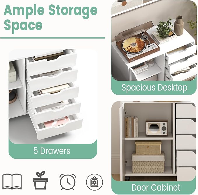 Lateral File Cabinet, 5 Drawers with Door, Adjustable Shelf, 5 Universal Wheels, Wooden Printer Stand with Storage, Modern Dresser for Bedroom Home Office, White