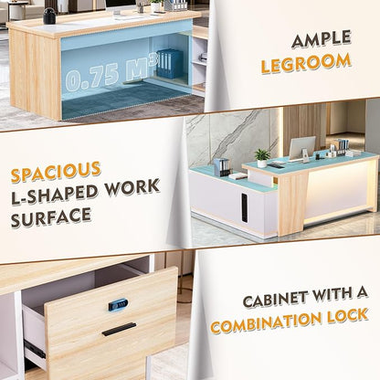 L-Shaped Executive Desk with LED Lights, Modern Reception Desk with AC Power Outlets/USB/Type-C, Executive Workstation with Locked Storage Cabinet, for Office (Wood/Beige, 51.18"L/29.92"W/29.73"H")