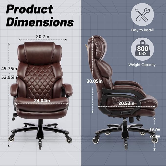 800LBS Big and Tall Office Chair for Heavy People, Heavy Duty Executive Chair with High Back, Extra Wide Seat and Adjustable Lumbar, Large Computer Desk Chair Comfortable for Home Office (Brown)