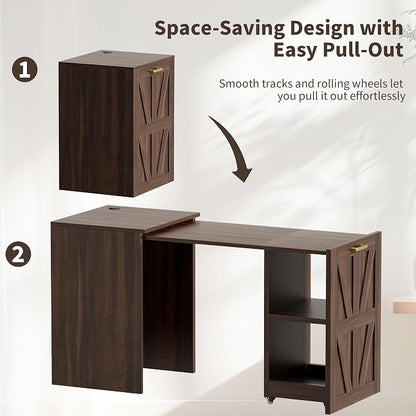 Folding Desk with Storage and Charging Station, Pull-Out Desk Cabinet with Spacious Desktop, Foldable Computer Table for Small Space, Walnut