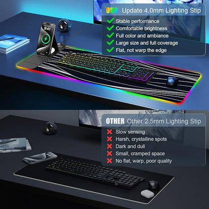 Mouse Pad with Foldable Phone Holder & Wireless Charger, XL RGB Gaming Mousepad 31.5"x11.8" Large Desk Mat for Keyboard, Home Desk Pad with Dual Qi Charging Station | 11 Colors & 5 Modes | Waterproof