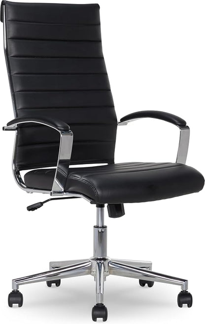 Amazon Basics High-Back Swivel Office Chair with Lumbar Support, Ergonomic Ribbed Faux Leather, Adjustable Height, 45.25" x 24.75" x 23.25", Black