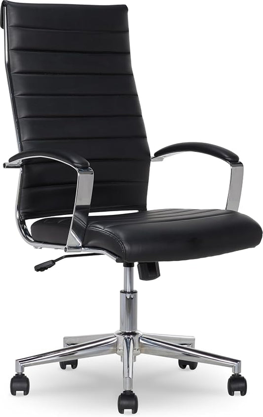 Amazon Basics High-Back Swivel Office Chair with Lumbar Support, Ergonomic Ribbed Faux Leather, Adjustable Height, 45.25" x 24.75" x 23.25", Black