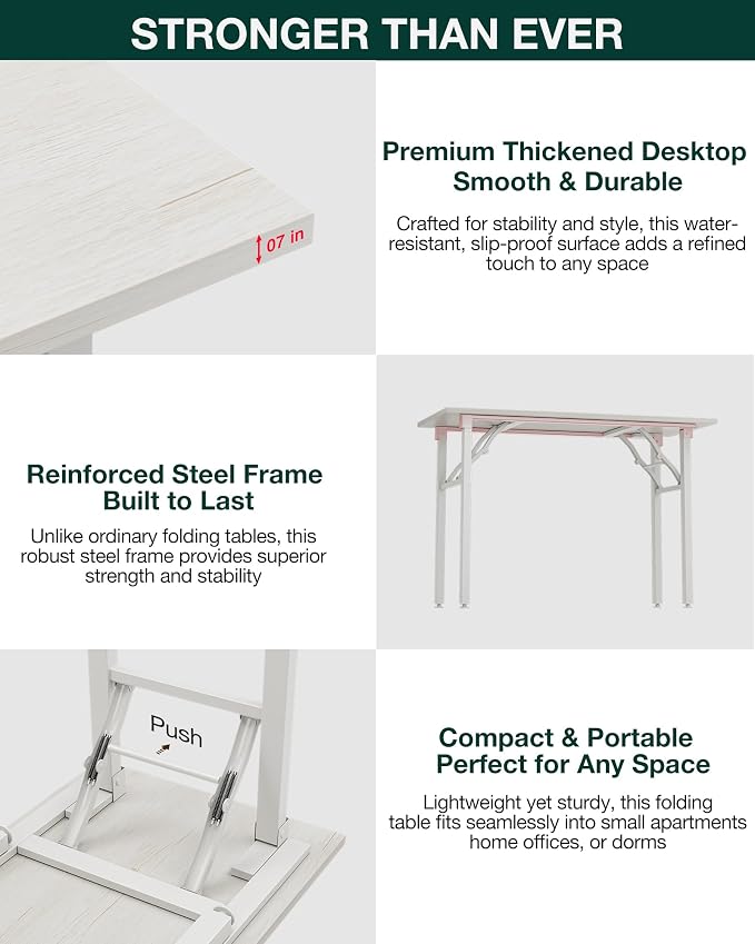 Frylr Small Folding Computer Desk – 43.3 Inch Portable Table for Craft and Study, Lightweight Desk for Small Spaces, Foldable Laptop Table Built-in AC/USB Outlets for Convenience, White Ash