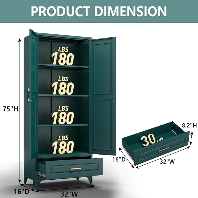 Polup Metal Storage Cabinet,75" Tall Kitchen Pantry Storage Cabinet with Doors and Adjustable Shelves, Green Metal Pantry Cabinets with Drawer, Large Cupboard for Kitchen, Dining Living Room