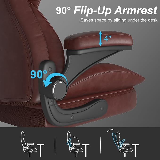 Office Chair, Home Desk Chair, Ergonomic Computer Chair with Lumbar Support, Executive Leather Chair with Flip-Up Armrests, Big and Tall Swivel Rolling Chair, Brown