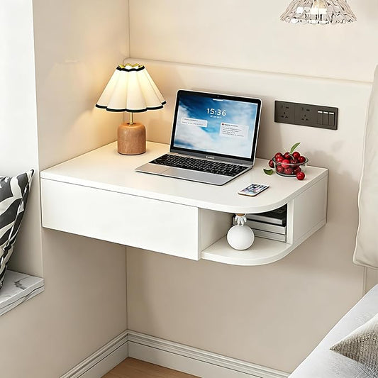 Corner Floating Desk with Drawer, Wall Mounted Desk with Open Shelving, Floating Makeup Vanity with Storage, Scratch-Resistant, Space Saving, for Bedroom Living Room Small Spaces Apartment