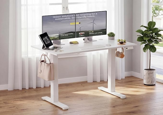 YDN Electric Standing Desk Adjustable Height, 55 x 24 Inches Sit Stand up Desk with Memory Presets & Cable Management, Home Office Desk for Office & Computer Workstation, White Frame/White Top