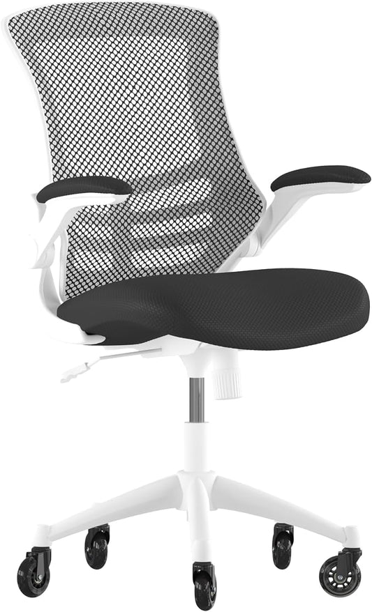 Flash Furniture Kelista Mid-Back Black Mesh Swivel Ergonomic Task Office Chair with White Frame, Flip-Up Arms, and Transparent Roller Wheels