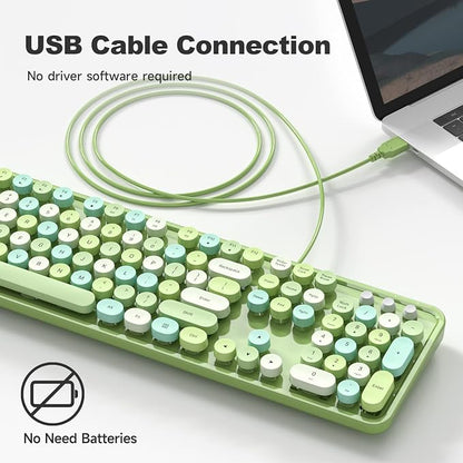 MOWUX Computer Keyboard Wired, Plug and Play USB Retro Round Typewriter Keyboard, Full Size Wired Keyboard with Foldable Stands for Laptop and Office PC- Green Colorful