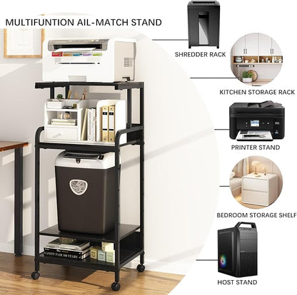 Arbuxzuy 4 Tier Stand with Storage Shelf, Tall Mobile Printer Table for Home Office, Adjustable Stands for Heat Press Scanner Fax (Black)