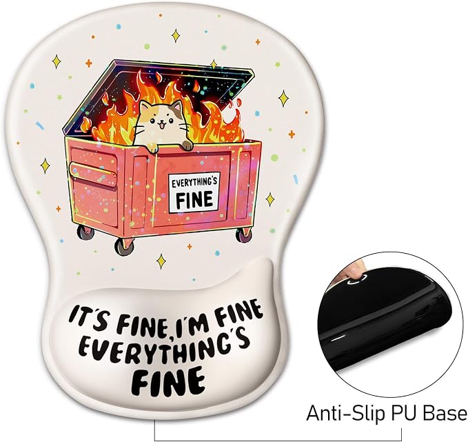 Cat Mouse Pad with Wrist Rest Funny Cute Ergonomic Mousepad Middle Concave | Dumpster on Fire Wrist Support, Office Desk Accessories, Gaming Work Home, Non-Slip Base, for Wireless Mouse Computer Laptop