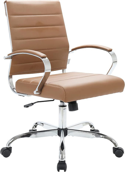 LeisureMod Benmar Leather Office Desk Chair, Mid-Back Ergonomic Swivel Chair with Lumbar Support, Adjustable Height, Tilt Lock, Cushioned Seat & Back, Home Office Task Chair (Brown, Pallet)