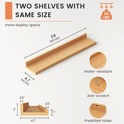 FLYJOE Picture Ledge Shelf, Floating Shelves Set of 2, 24 Inches Nursery Book Shelves for Toys Storage, Kids Bookshelf Wall Mounted for Living Room Bedroom Decor Books Photo Frames, Natural Oak