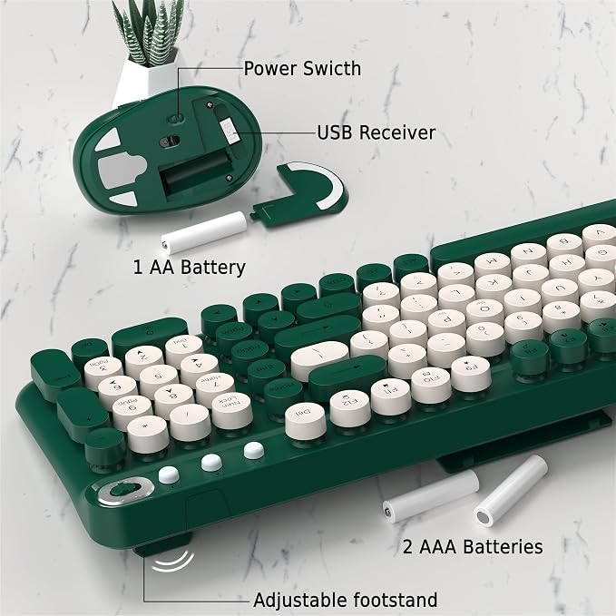 Wireless Keyboard and Mouse Combo, 2.4GHz USB Receiver, Plug and Play, Retro Full Size Typewriter Keyboard and Wireless Mouse for Computer, Laptop, Windows, Mac, and PC (Green)