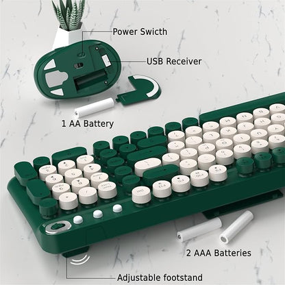 Wireless Keyboard and Mouse Combo, 2.4GHz USB Receiver, Plug and Play, Retro Full Size Typewriter Keyboard and Wireless Mouse for Computer, Laptop, Windows, Mac, and PC (Green)