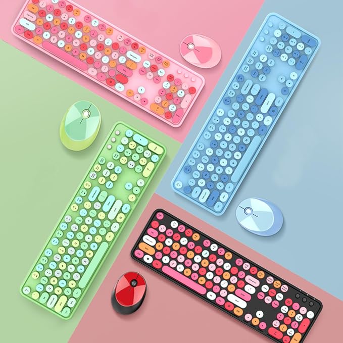 Guffercty kred Green Colorful Wireless Keyboard Mouse, Cute Retro Typewriter Round Keycaps 2.4GHz Dropout-Free Connection for Laptop/PC (Multicolor Green)