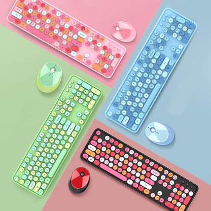Guffercty kred Green Colorful Wireless Keyboard Mouse, Cute Retro Typewriter Round Keycaps 2.4GHz Dropout-Free Connection for Laptop/PC (Multicolor Green)