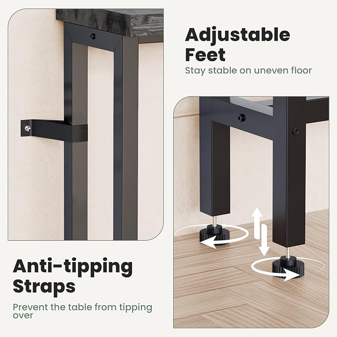GRLEAF 78" Sofa Table with Built-in Power Strip (2 AC Outlets & 2 USB Ports) – 4.9ft Power Cord, Metal Frame, Easy Assembly, Long Couch Table Behind Sofa, Living Room and Home Office | Charcoal Gray