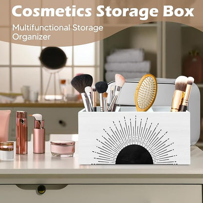 DILSJ Boho Abstract Sunshine Pen Pencil Holder Organizer for Desk, Boho Office Decor, Black and White Mid Century Modern Minimalist Sunshine Wooden Box Signs for Home Office Desk Tabletop Decoration
