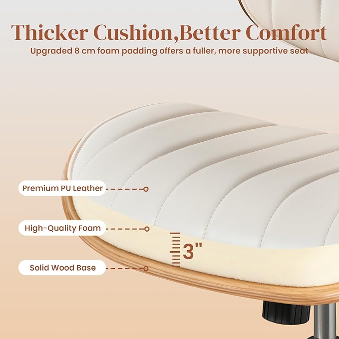 Home Office Desk Chair with Wheels, Adjustable Height Armless Desk Chairs, PU Leather Mid Back 360° Small Computer Chair for Study Meeting Makeup Room (White Stripe)