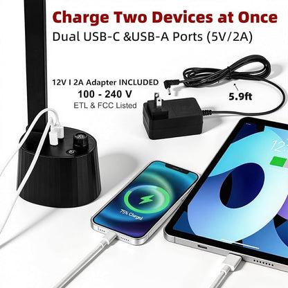 BOHON Small Desk Lamp with USB C Charging Port 5 Colors Stepless Dim Black | Reading Light Space-Saving Rotating Head Desk Lamp for Home Office College Dorm Room Bedside Table Bedroom