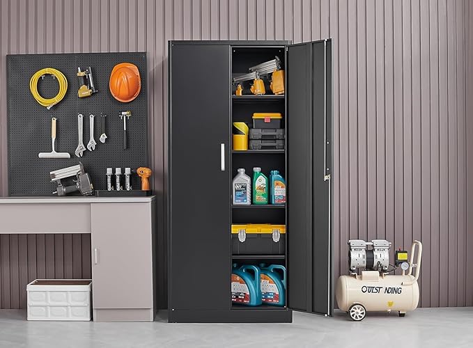 Guizeeopo Metal Storage Cabinet with Adjustable Shelves, Garage Storage Cabinets with Doors and Shelves, File Cabinets for Home Office, Kitchen Pantry Cabinet, 71'H, Black