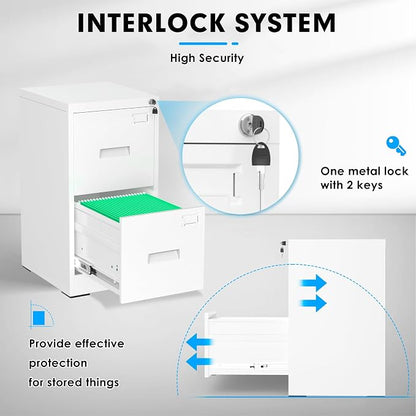 Pataku 2 Drawer File Cabinet with Lock, Sturdy Metal Vertical Filing Cabinets for Home Office, Under Desk Paperwork Storage Fully Extendable Slides Letter Legal A4 Size 18x15x28 Inches, White