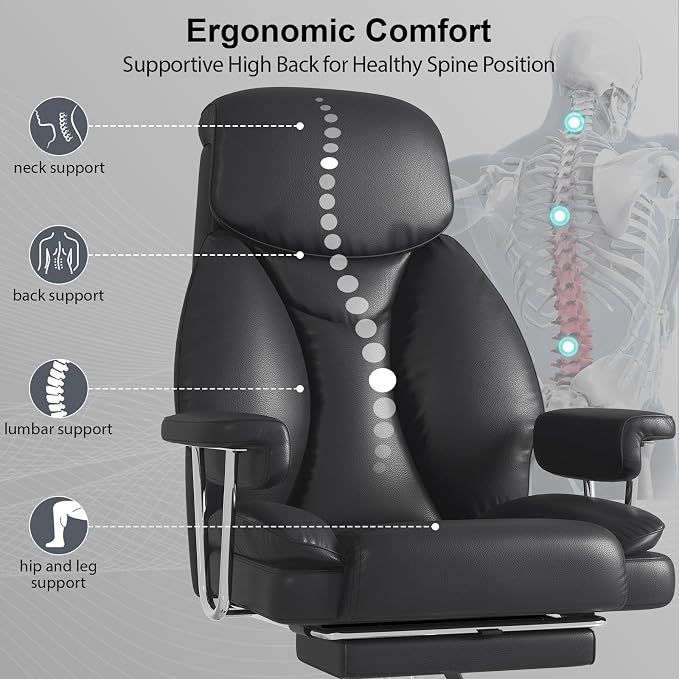 Big and Tall Office Chair, Executive Home Office Desk Chair, Comfy Leather High-Back Reclining Computer Chair with Retractable Footrest and Padded Arms, 360°Swivel Rolling Wheels, Wide Seat, Black