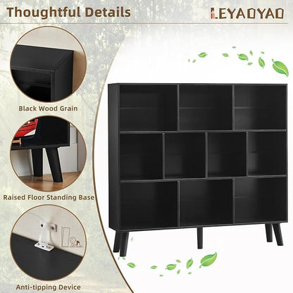 LEYAOYAO 10 Cube Bookshelf,3 Tier Modern Wide Bookcase with Legs,Mid-Century Wood Bookshelves Storage,Black Large Book Case,Freestanding Organizer Display Shelf for Bedroom,Living Room,Office