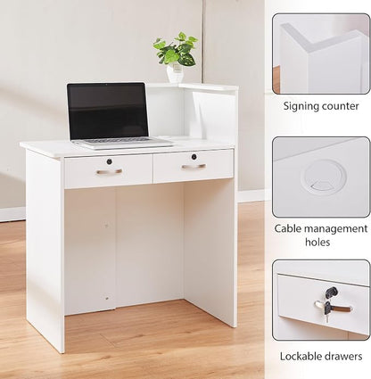 Small Reception Desk with Two Lockable Drawers,White Counter Table, Small Front Desk for Salon Lobby Office Home