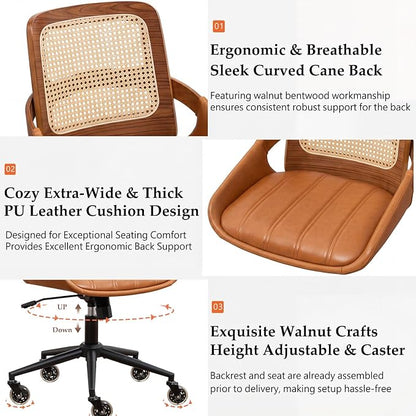 Home Office Desk Chair with Ergonomic Rattan Backrest, Walnut Crafts, Curved Arms, Faux Leather, Caster Wheels, Height Adjustable, Computer Chair (Walnut Brown)