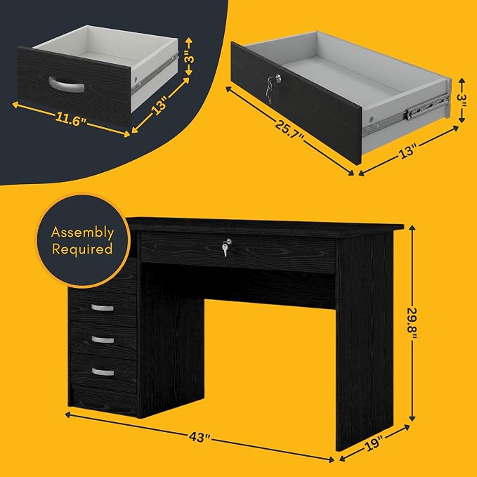 Furnifact Black Home Office Desk with 5 Drawers and Open Shelf, Lockable Storage Computer Desk and Study Table Ideal for Work from Home Setup