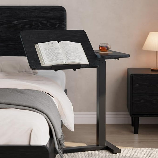 Solid Wood Overbed Bedside Table with Wheels, Tilting Adjustable Hospital Bed Table Over The Bed, Medical Mobile Laptop Stand, Rolling Standing Desk for Hospital and Home Use(Black)