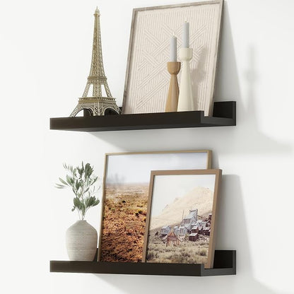 FLYJOE Picture Ledge Shelf, Floating Shelves Set of 2, 16 Inches Nursery Book Shelves for Toys Storage, Kids Bookshelf Wall Mounted for Living Room Bedroom Decor Books Photo Frames, Black