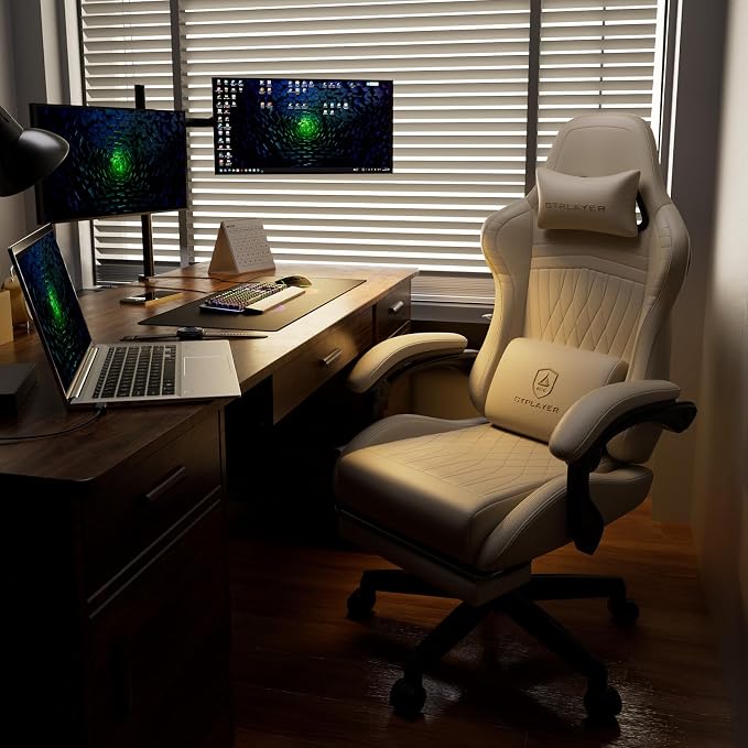 GTPLAYER Gaming Chair with Speakers, Video Game Chairs with Footrest, PC Gamer Chairs for Adults - Padded High Back Ergonomic Reclining Silla Gamer, Linkage Armrest, Ace Pro, Ivory