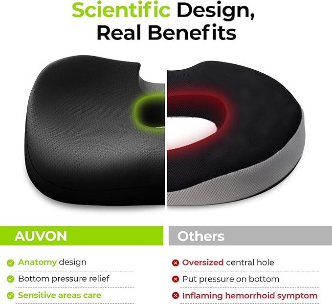 AUVON Innovative Donut Pillow Hemorrhoids Scientific Center Hole and Tailbone Cutout, Orthopedic Pain Relief Donut Seat Cushion for Coccyx, Sciatica, Postpartum Pregnancy, After Surgery Sitting Relief