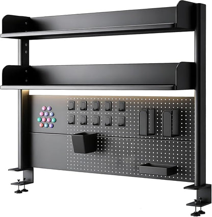 CHSSIH Clamp On Desk Pegboard Shelf - Metal Desktop Organizer Hutch with 2 Shelves for Storage and Display, Desk Add-On Shelf for Office, Dorm, or Computer Monitor Stand, Black, 31.4In