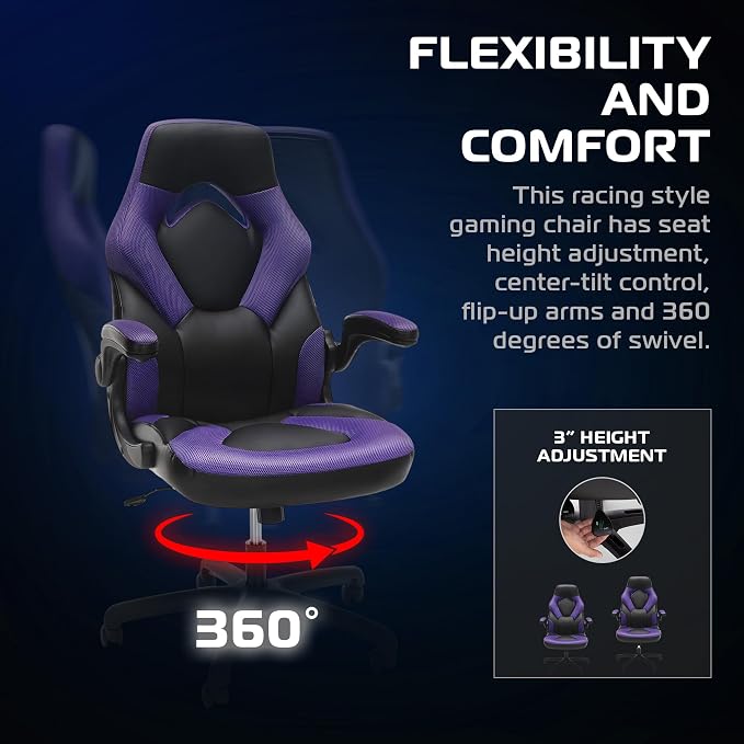RESPAWN 3085 Ergonomic Gaming Chair for Adults, High Back Office Chair with Headrest and Flip Up Arms, Leather Racing Style Gaming Seat with Lumbar Support, Video Game Computer Desk Seat - Purple
