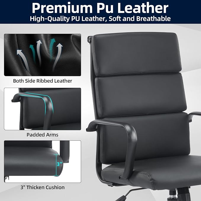 Office Chair, Ergonomic Executive Conference Room Chairs, Ribbed Leather Desk Chair with Lumbar Support, Adjustable Height Mid-Back Swivel Chair with Padded Seat