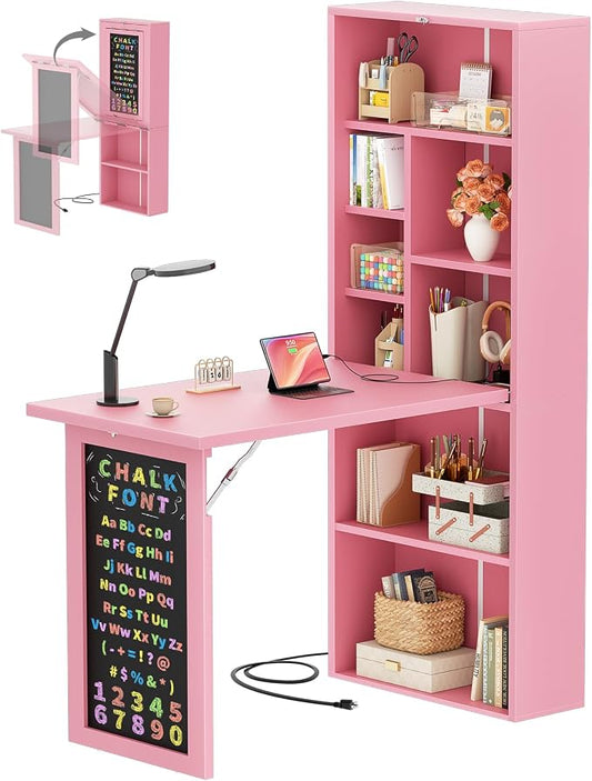 Armocity Small Folding Desk with Outlets, Convertible Writing Desk for Small Spaces/Home Office/Craft Room, Multi-Function Desk Workstation with Blackboard, Fold-Out Cabinet Table, Pink