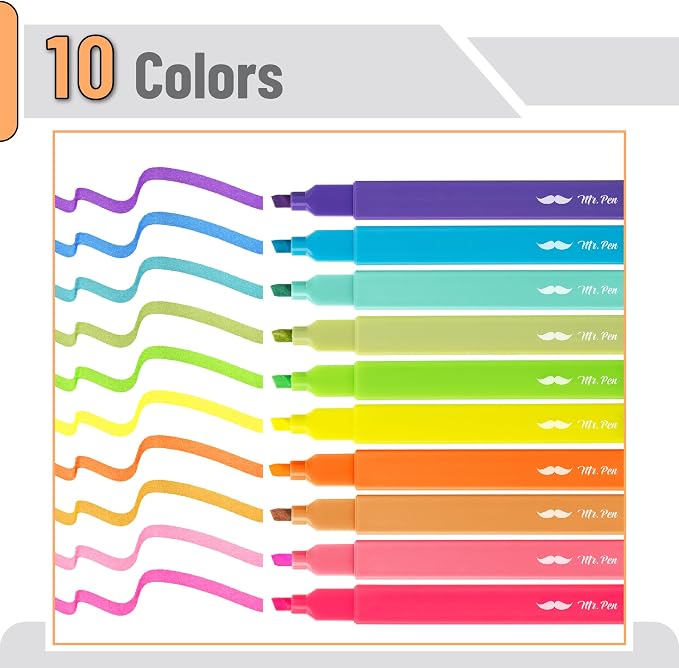 Mr. Pen- Aesthetic Highlighters No Bleed, 10 Pack, Vibrant Colors | Chisel Tip, Cute Highlighters Assorted Colors for Journaling, Highlighting, Underlining, Fast Dry, Back to School Supplies