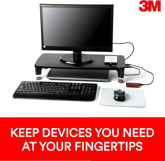 3M Adjustable Monitor Stand with 4-Port USB Hub, Black, Great for Computer Monitors, Laptops, TVs, Speakers, Printers and More