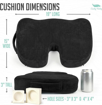 Cushy Tushy Premium Seat Cushion with Moveable Holes, Customizable Foam – Relief for Lower Back, Sciatic, & Tailbone Pain – Perfect for Driving, Home & Office – Black Fabric Cover