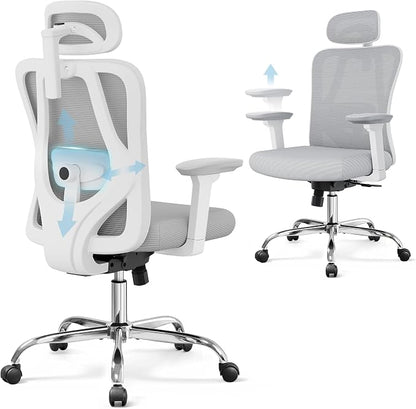 DEVAISE Ergonomic Mesh Office Chair with Adjustable 3D Headrest and Tilt Function, Big and Tall Reclining Comfy Home Computer Desk Chair with Lumbar Support and 3D Armrests, White