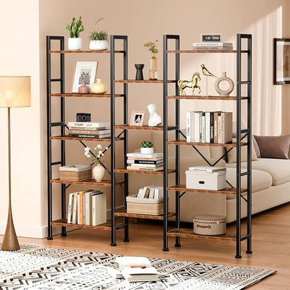 Furologee Triple Column 5 Tier Bookshelf, Large Bookcase with 14 Display Shelves, Adjustable Book Shelf with 6 Hooks, Rustic Bookshelves Storage Organizer, Shelving Unit for Living Room, Bedroom