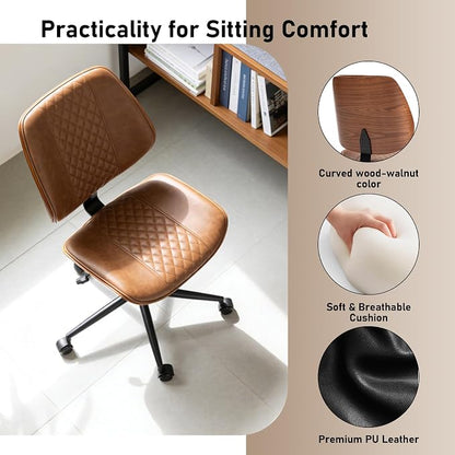 DYHOME Modern Walnut Home Office Chair with Wheels, Executive Office Desk Chair No Arms, Adjustable Height Small Desk Chair, Comfy PU, Deeper Cushion, Mid Back 360 Swivel Computer Chair, Brown